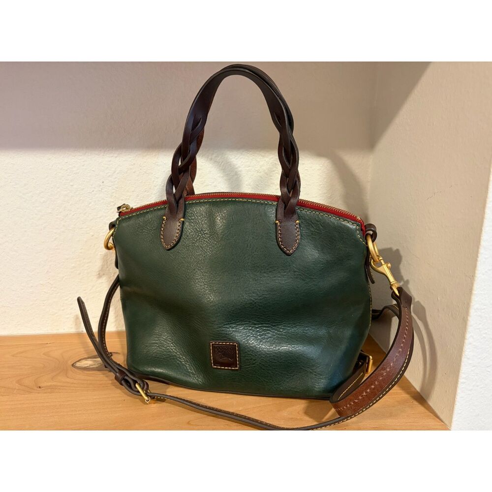 Dooney & Bourke Forest Green Leather Satchel Braided Handles Crossbody EUC
